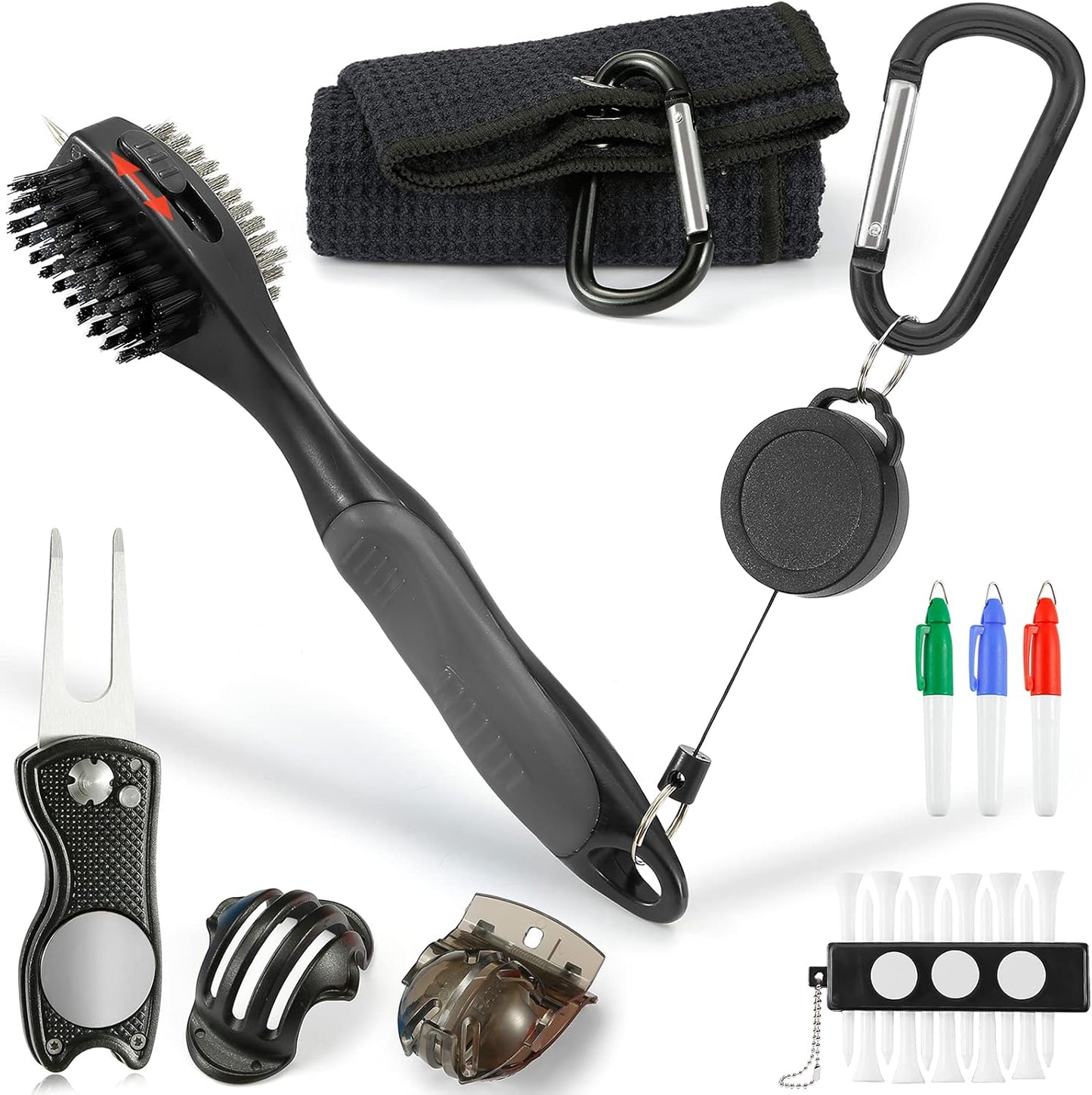 Accessories Set - PRO Retractable Club Brush, Microfiber Waffle Pattern Towel, Divot Repair Tool, Ball Marker - Club Cleaning Kit, Accessories for Men