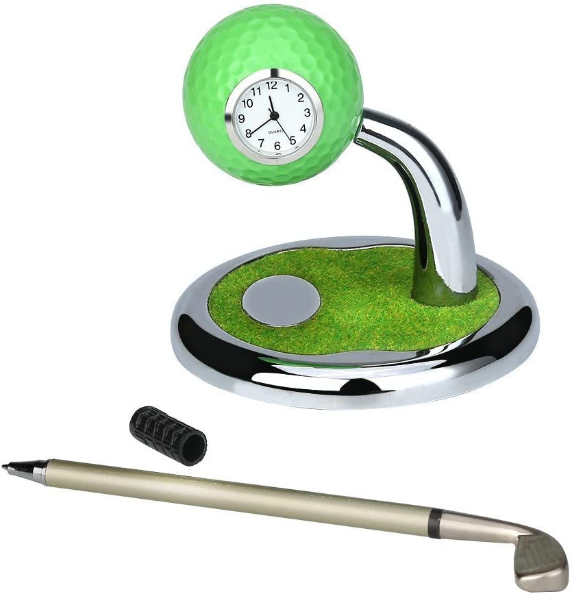 Mini Desktop Golf Ball Pen Stand with Golf Pens and Clock 2-Piece Set of Golf Souvenir Tour Souvenir Novelty Gift- (Green)
