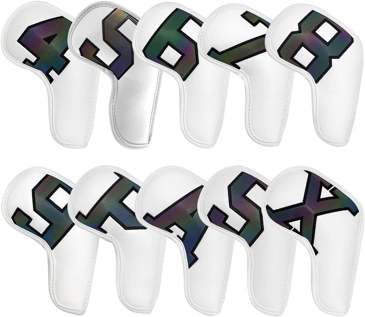 Iron Club Head Covers Set Headcovers Fits for All Iron Wedges - Big Number - Long Neck - Black/White Pu Leather Fits Small Standard Oversized Golf Clubs 10Pcs/Pack