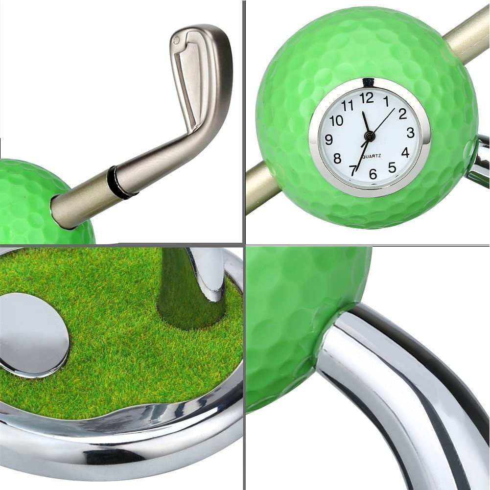 Mini Desktop Golf Ball Pen Stand with Golf Pens and Clock 2-Piece Set of Golf Souvenir Tour Souvenir Novelty Gift- (Green)