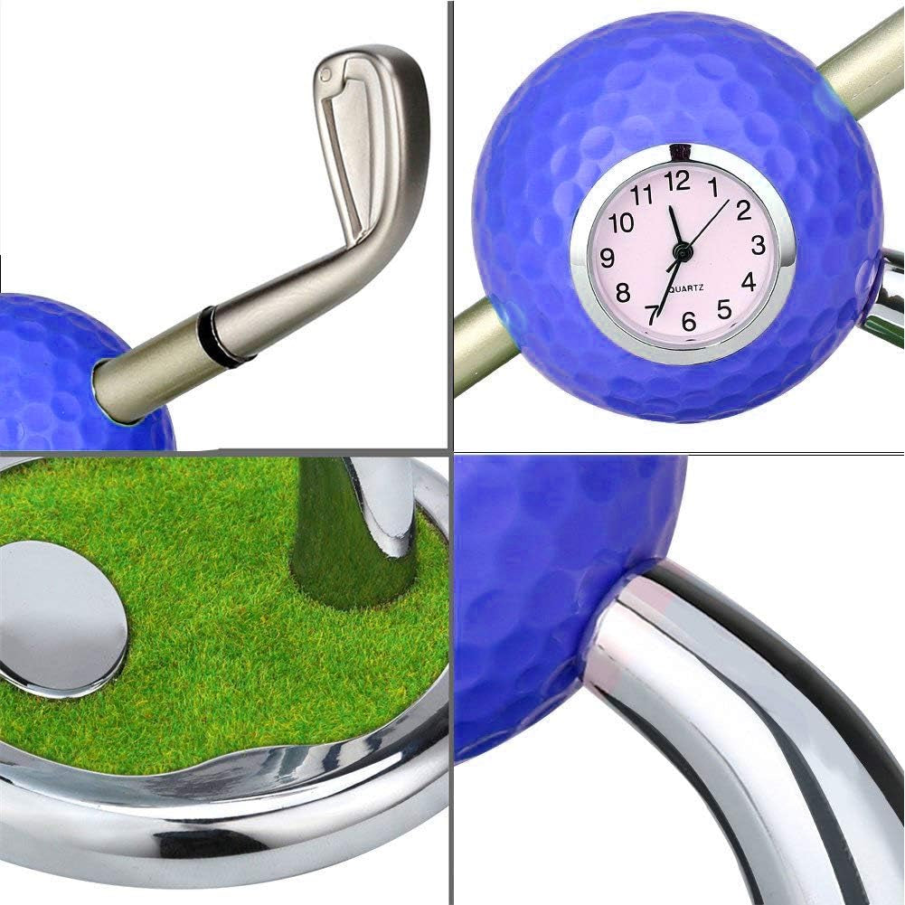 Mini Desktop Golf Ball Pen Stand with Golf Pens and Clock 2-Piece Set of Golf Souvenir Tour Souvenir Novelty Gift- (Blue)