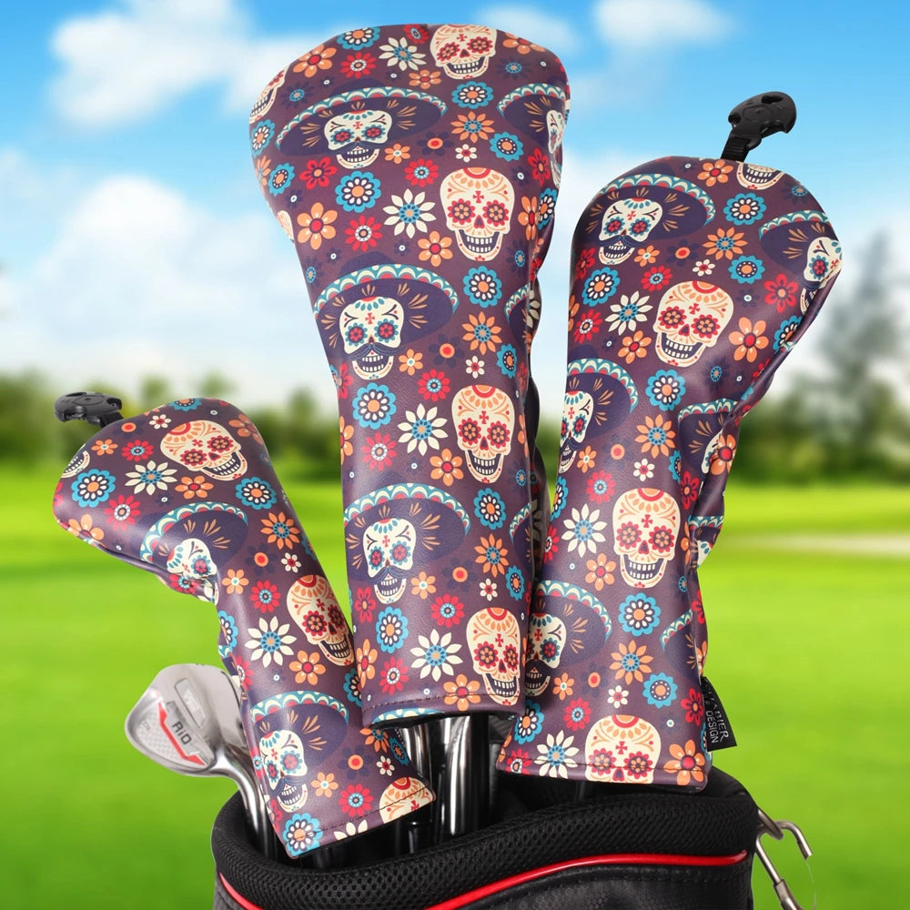 Hawaiian Style Soft PU Leather Printing Golf Club Headcover 3Pcs Set Bundled Driver Fairway Wood Hybrid Covers