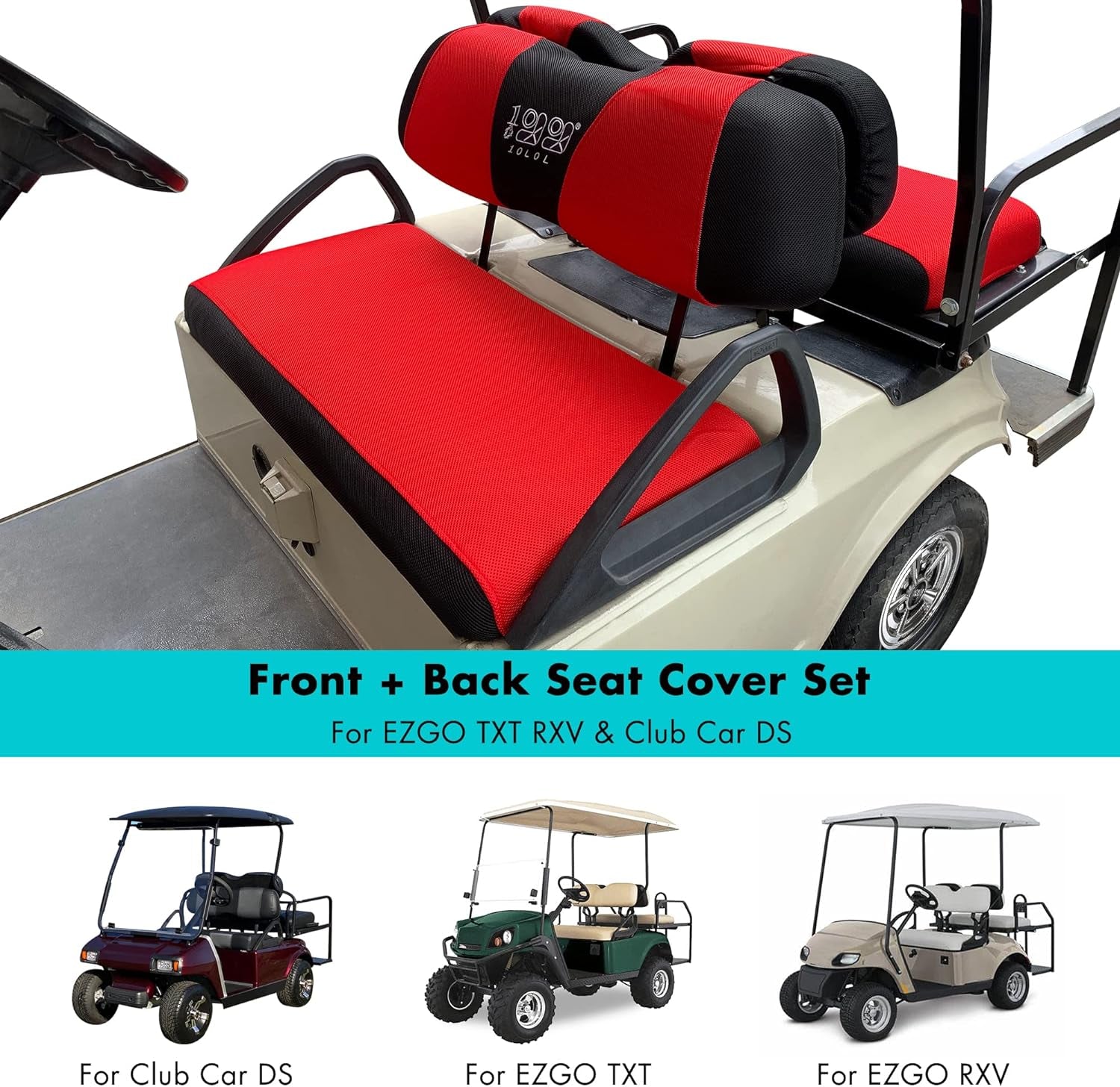 Golf Cart Front with Rear Seat Cover Set for EZGO TXT RXV & Club Car DS 4 Passenger Models Bench Seat Covers Kit Breathable Washable Polyester Mesh Cloth Gray Black Beige Red (S+XS)