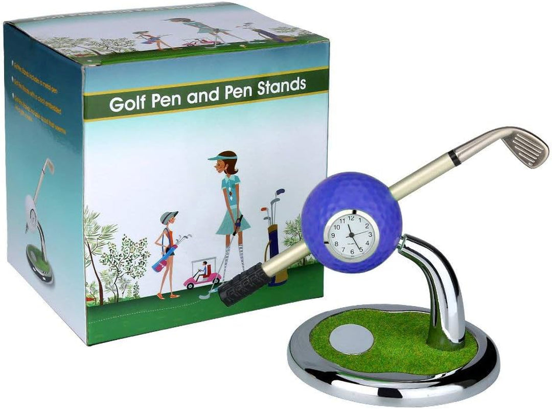 Mini Desktop Golf Ball Pen Stand with Golf Pens and Clock 2-Piece Set of Golf Souvenir Tour Souvenir Novelty Gift- (Blue)