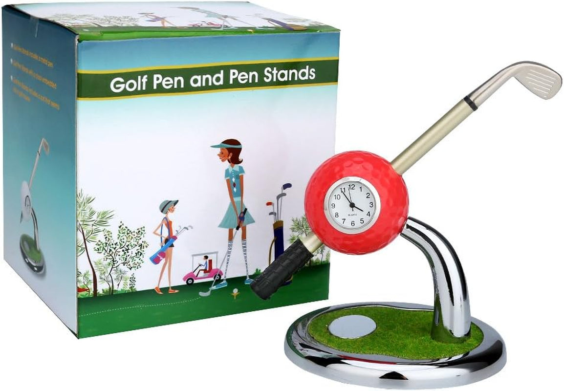 Golf Ball Pen Stand with Clock, Mini Desktop Golf Ball Pen Stand, Perfect for Golf Enthusiasts, Business Gifts, Includes Golf Ball Pens (Pack of 2)- Red