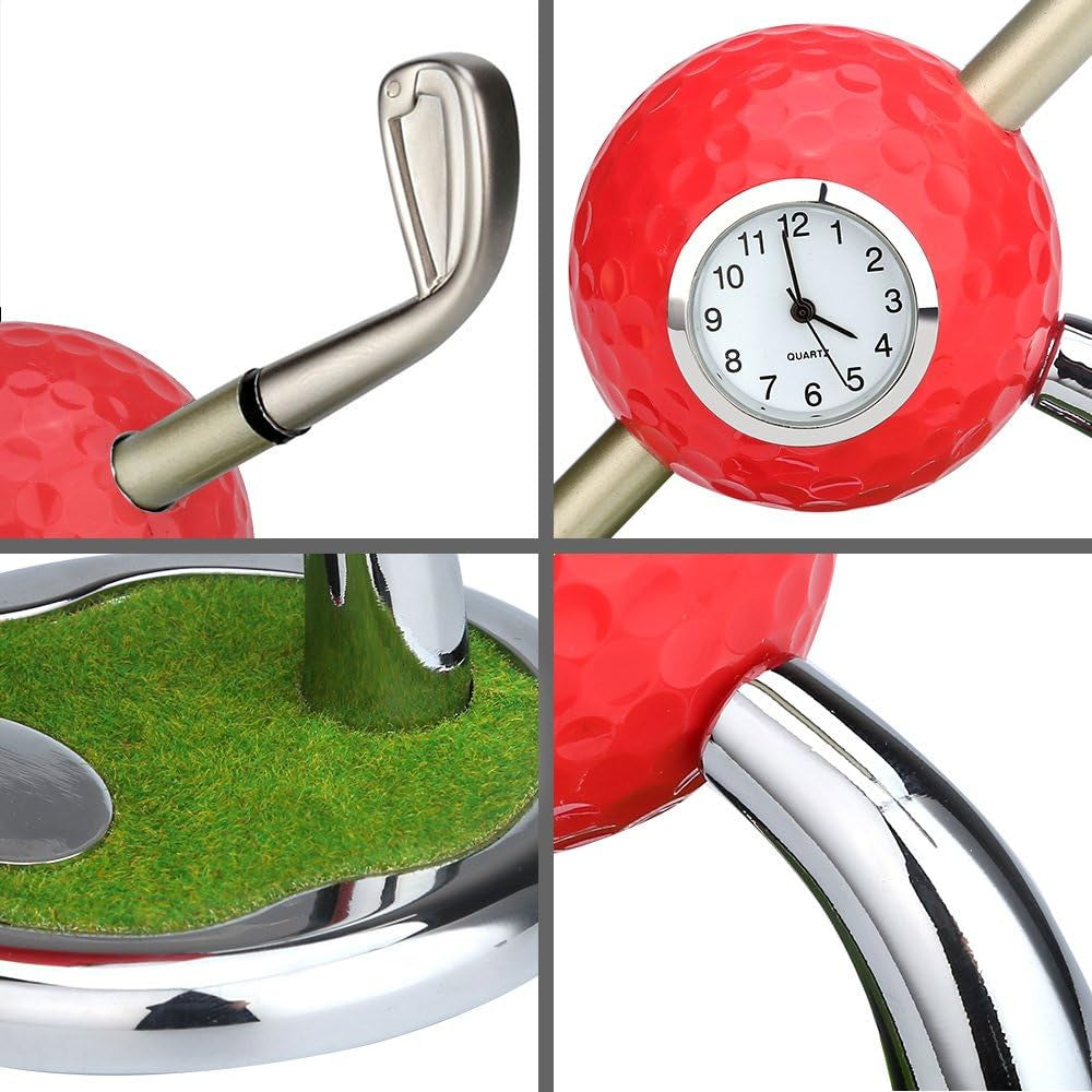 Golf Ball Pen Stand with Clock, Mini Desktop Golf Ball Pen Stand, Perfect for Golf Enthusiasts, Business Gifts, Includes Golf Ball Pens (Pack of 2)- Red