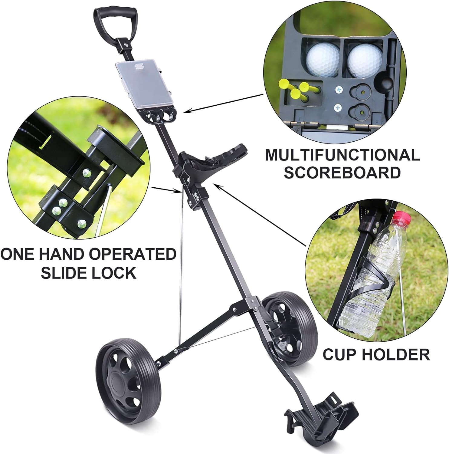 Golf Push Cart,Golf Carts,2 Wheel Foldable Golf Pull Cart for Golf Clubs,Lightweight Sturdy Aluminum Trolley,2 Step Open Push Pull Cart for Golf Cart Bag,Golf Accessories and Gifts for Men