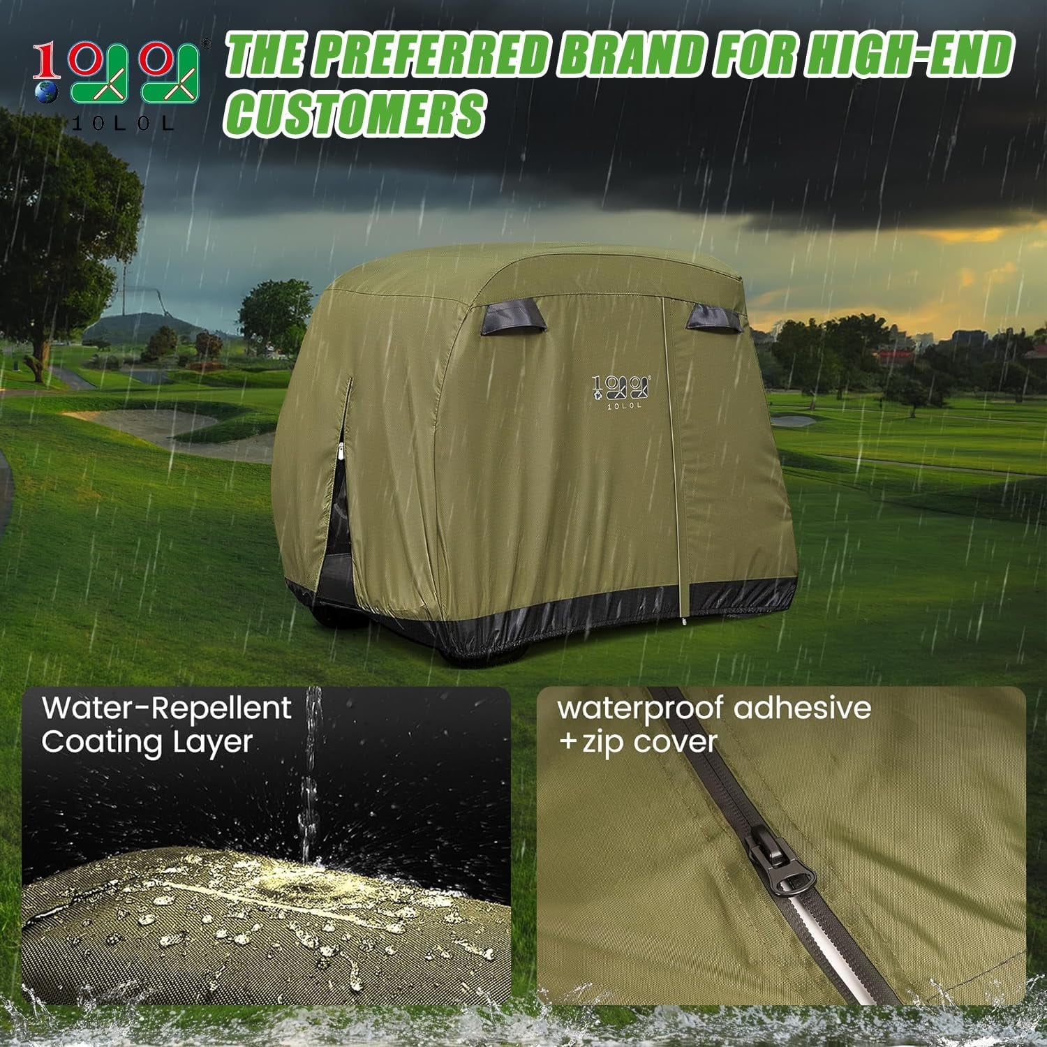 2/4 Passenger Golf Cart Cover Fits for Yamaha EZGO Club Car, 400D Waterproof Durable Polyester Golf Cart Cover with Three Zipper Doors Windproof Sunproof - Black/Army Green/Sliver