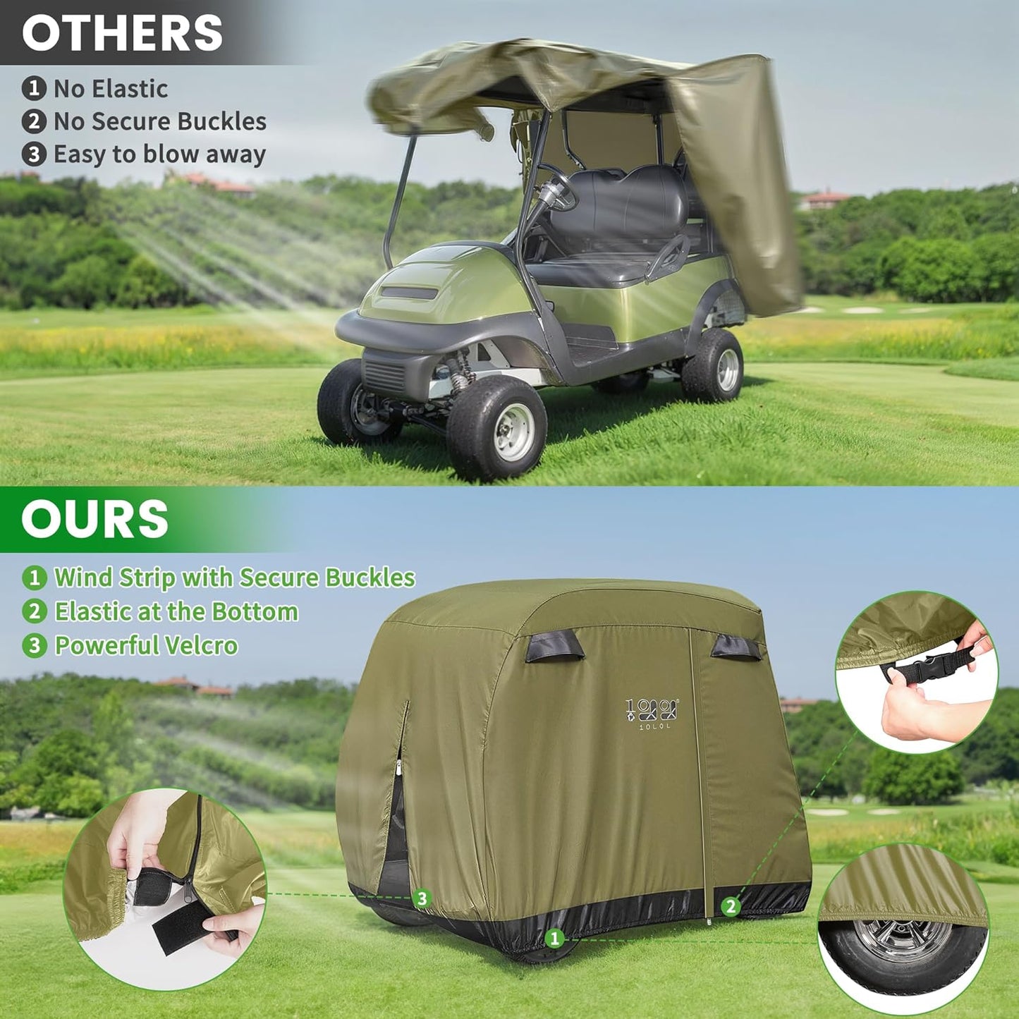 2/4 Passenger Golf Cart Cover Fits for Yamaha EZGO Club Car, 400D Waterproof Durable Polyester Golf Cart Cover with Three Zipper Doors Windproof Sunproof - Black/Army Green/Sliver