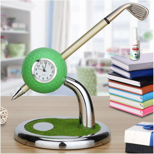 Mini Desktop Golf Ball Pen Stand with Golf Pens and Clock 2-Piece Set of Golf Souvenir Tour Souvenir Novelty Gift- (Green)