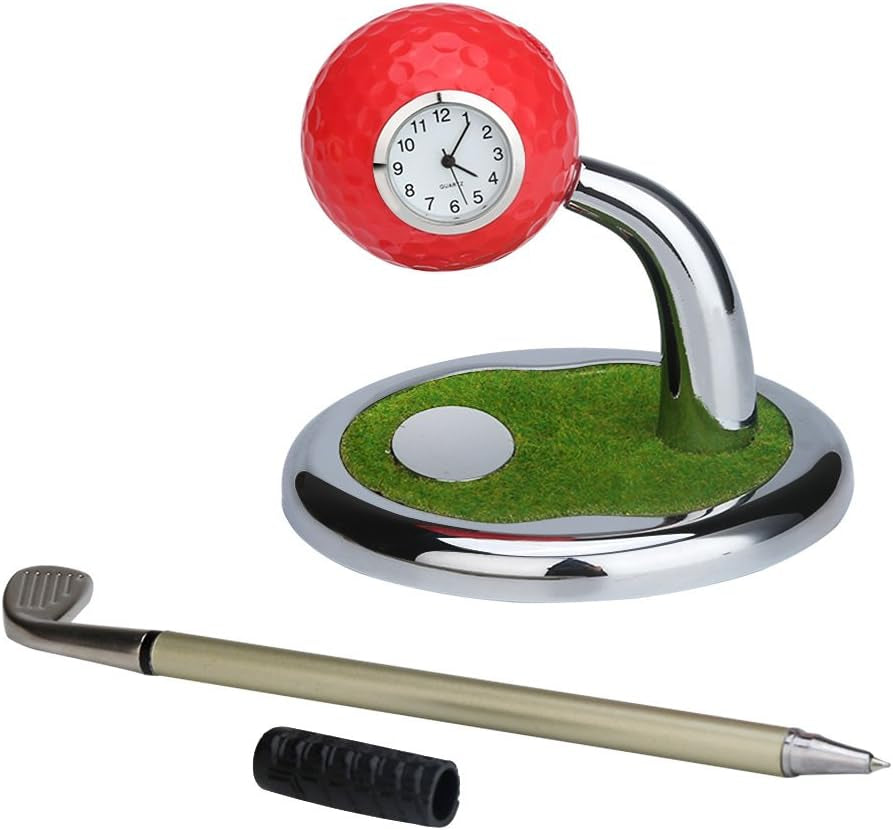 Golf Ball Pen Stand with Clock, Mini Desktop Golf Ball Pen Stand, Perfect for Golf Enthusiasts, Business Gifts, Includes Golf Ball Pens (Pack of 2)- Red