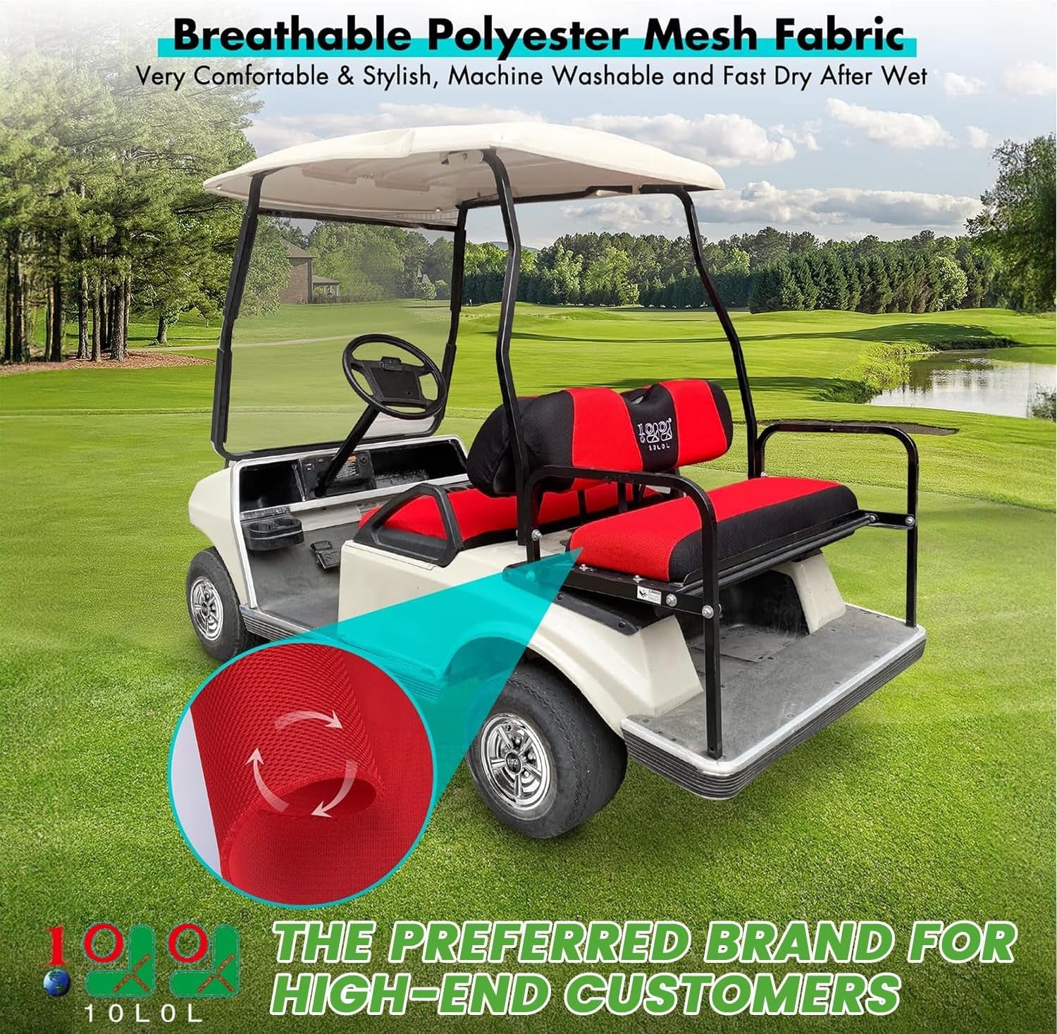 Golf Cart Front with Rear Seat Cover Set for EZGO TXT RXV & Club Car DS 4 Passenger Models Bench Seat Covers Kit Breathable Washable Polyester Mesh Cloth Gray Black Beige Red (S+XS)