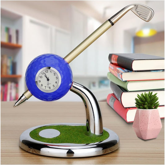 Mini Desktop Golf Ball Pen Stand with Golf Pens and Clock 2-Piece Set of Golf Souvenir Tour Souvenir Novelty Gift- (Blue)