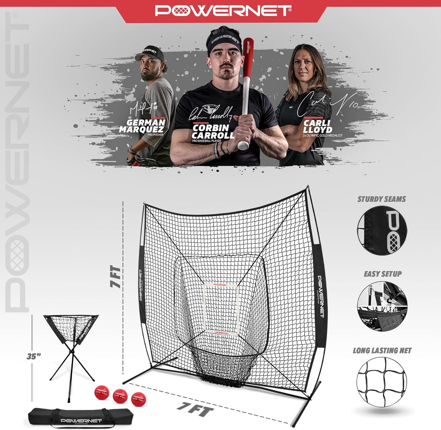 Corbin Carroll 7X7 DLX Practice Net + Deluxe Tee + Ball Caddy + 3 Pack Weighted Ball + Strike Zone Bundle | Baseball Softball Coach Pack | Pitching Batting Training Equipment Set | 7' X 7'