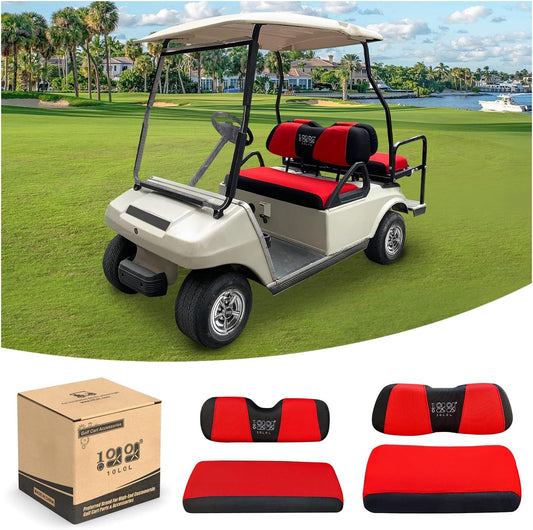 Golf Cart Front with Rear Seat Cover Set for EZGO TXT RXV & Club Car DS 4 Passenger Models Bench Seat Covers Kit Breathable Washable Polyester Mesh Cloth Gray Black Beige Red (S+XS)