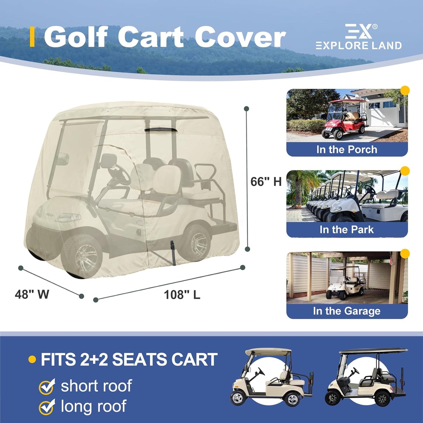 600D Waterproof Golf Cart Cover Universal Fits for Most Brand 2/4/6 Passenger Golf Cart (3 Sizes Option)