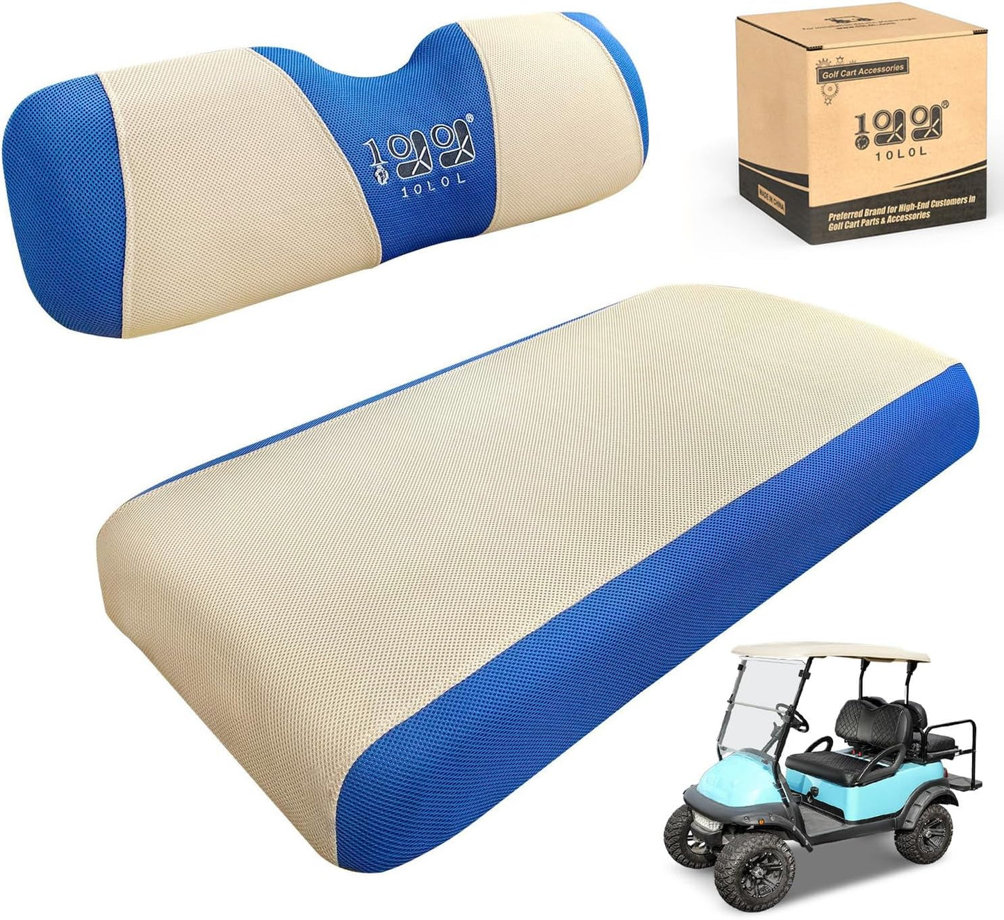 Golf Cart Seat Cover Washable Mesh Bench Seat Cover Fits EZGO TXT RXV Club Car DS (Beige+Blue)