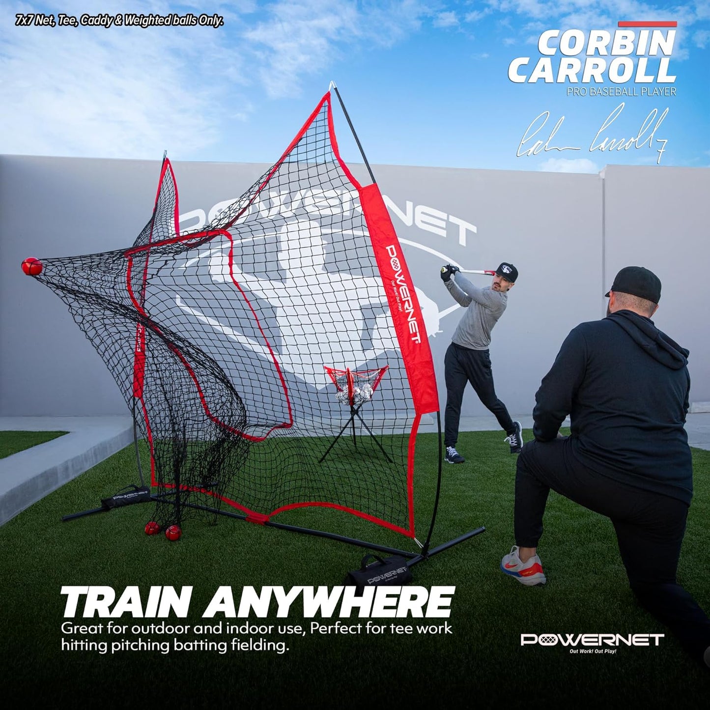 Corbin Carroll 7X7 DLX Practice Net + Deluxe Tee + Ball Caddy + 3 Pack Weighted Ball + Strike Zone Bundle | Baseball Softball Coach Pack | Pitching Batting Training Equipment Set | 7' X 7'