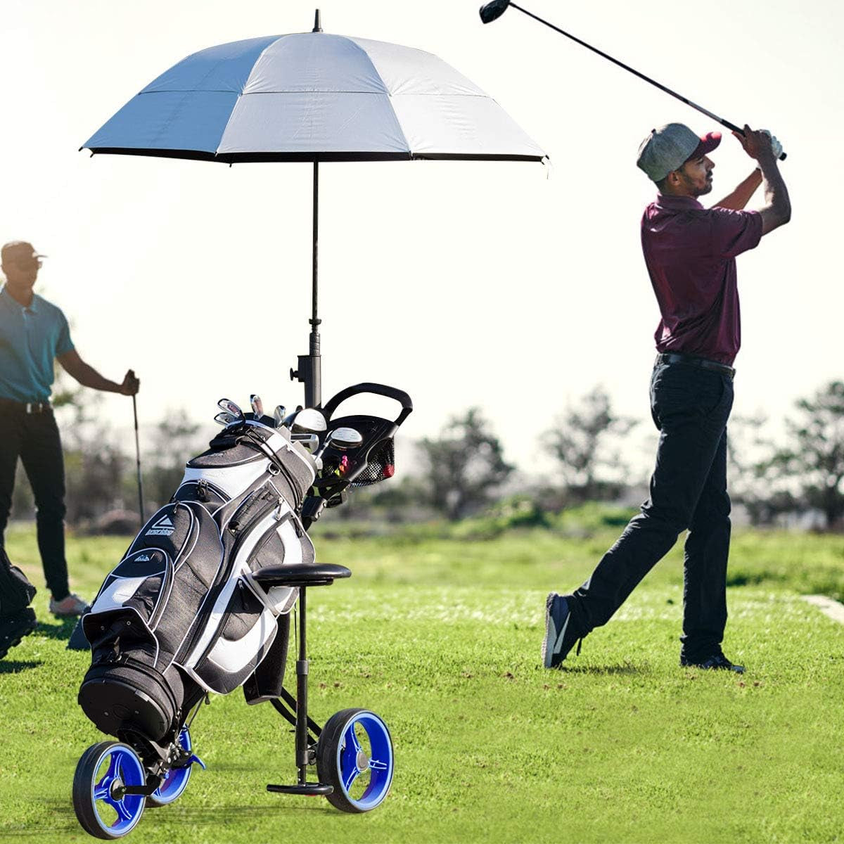 Golf Cart, Foldable 3 Wheel Golf Push Cart with Detachable Seat, Umbrella Holder & Scoreboard, Portable Lightweight Golf Pull Cart, Golf Bag Trolley for Golf Clubs