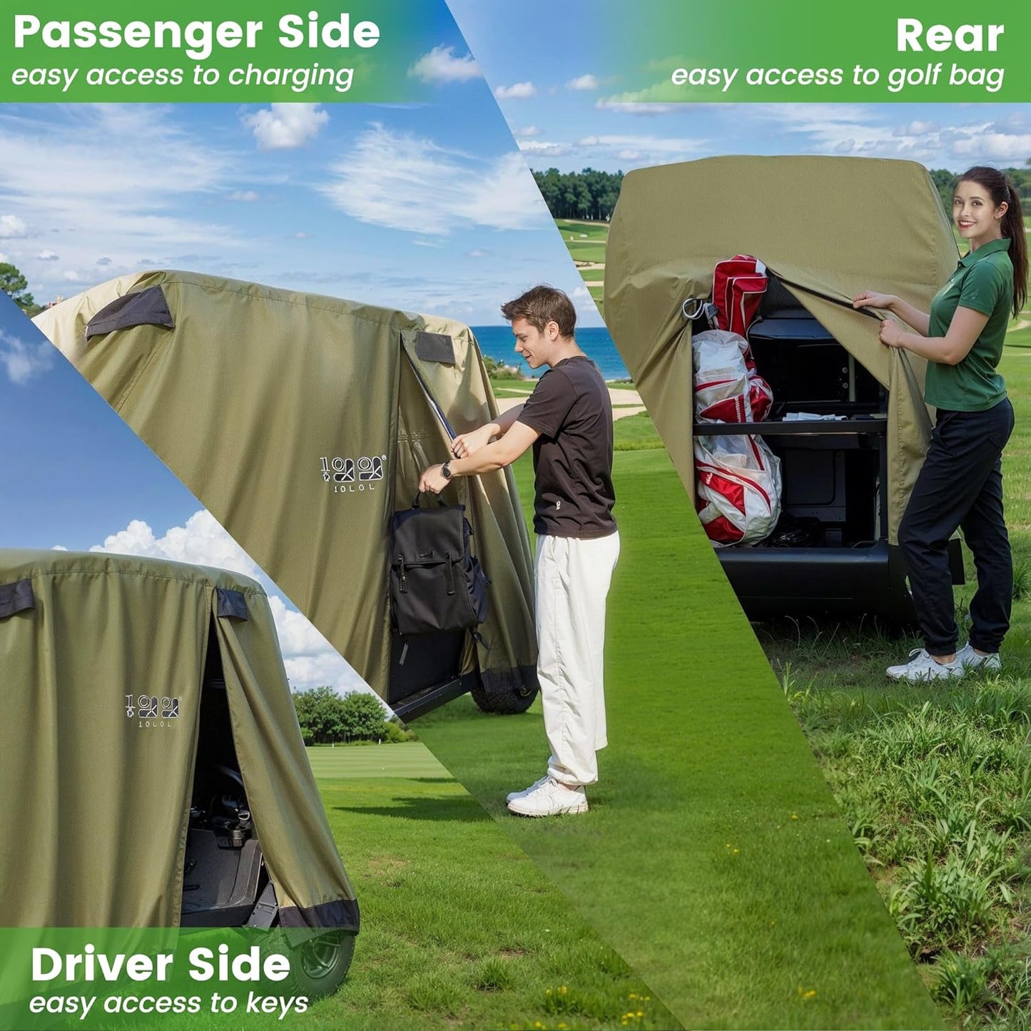 2/4 Passenger Golf Cart Cover Fits for Yamaha EZGO Club Car, 400D Waterproof Durable Polyester Golf Cart Cover with Three Zipper Doors Windproof Sunproof - Black/Army Green/Sliver