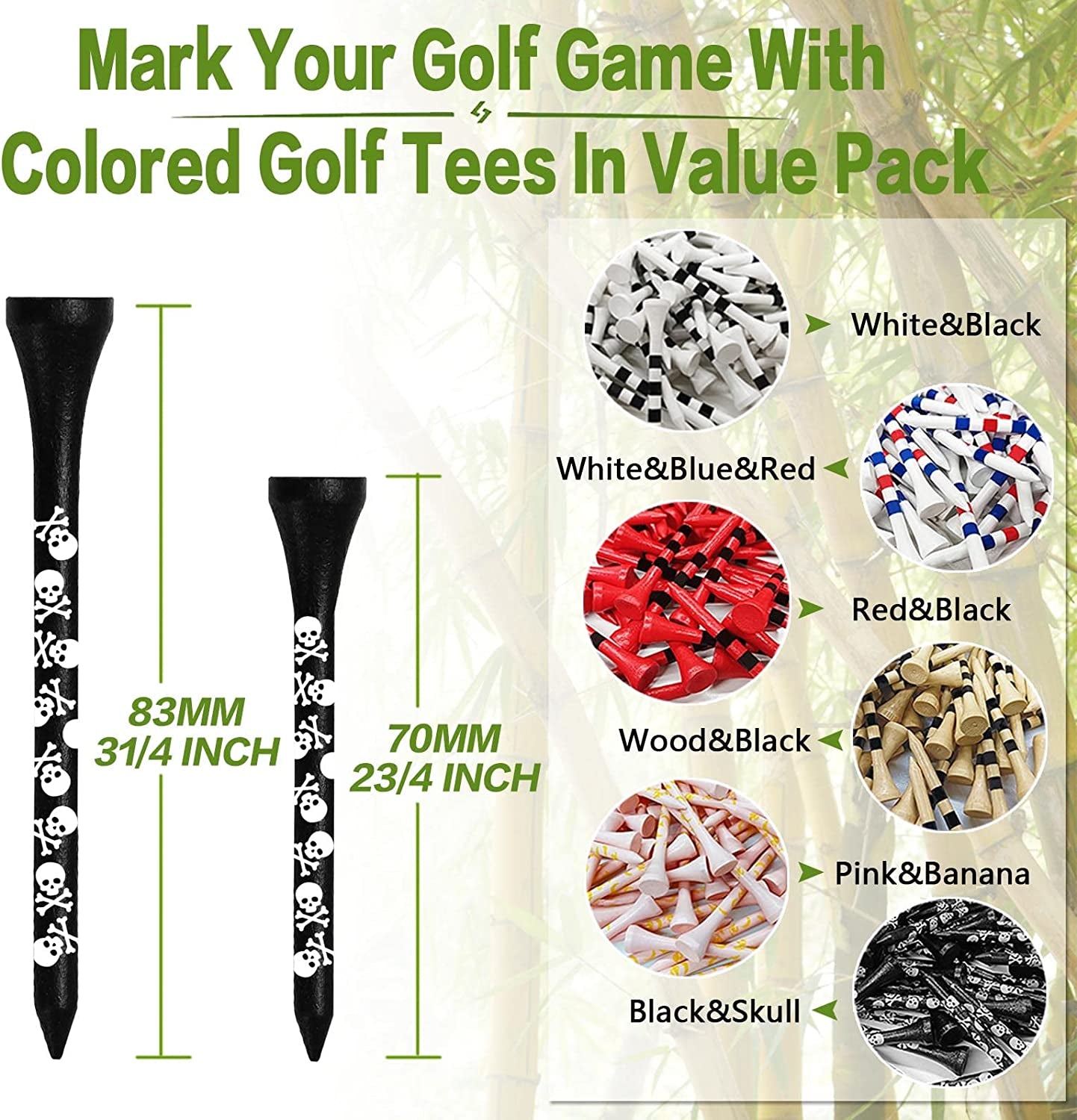 Golf Tees Wood 3 1/4 2 3/4 Inch Wooden Bamboo 50/120 Count, Durable Biodegradable Colored Bulk Tee 70Mm 83Mm