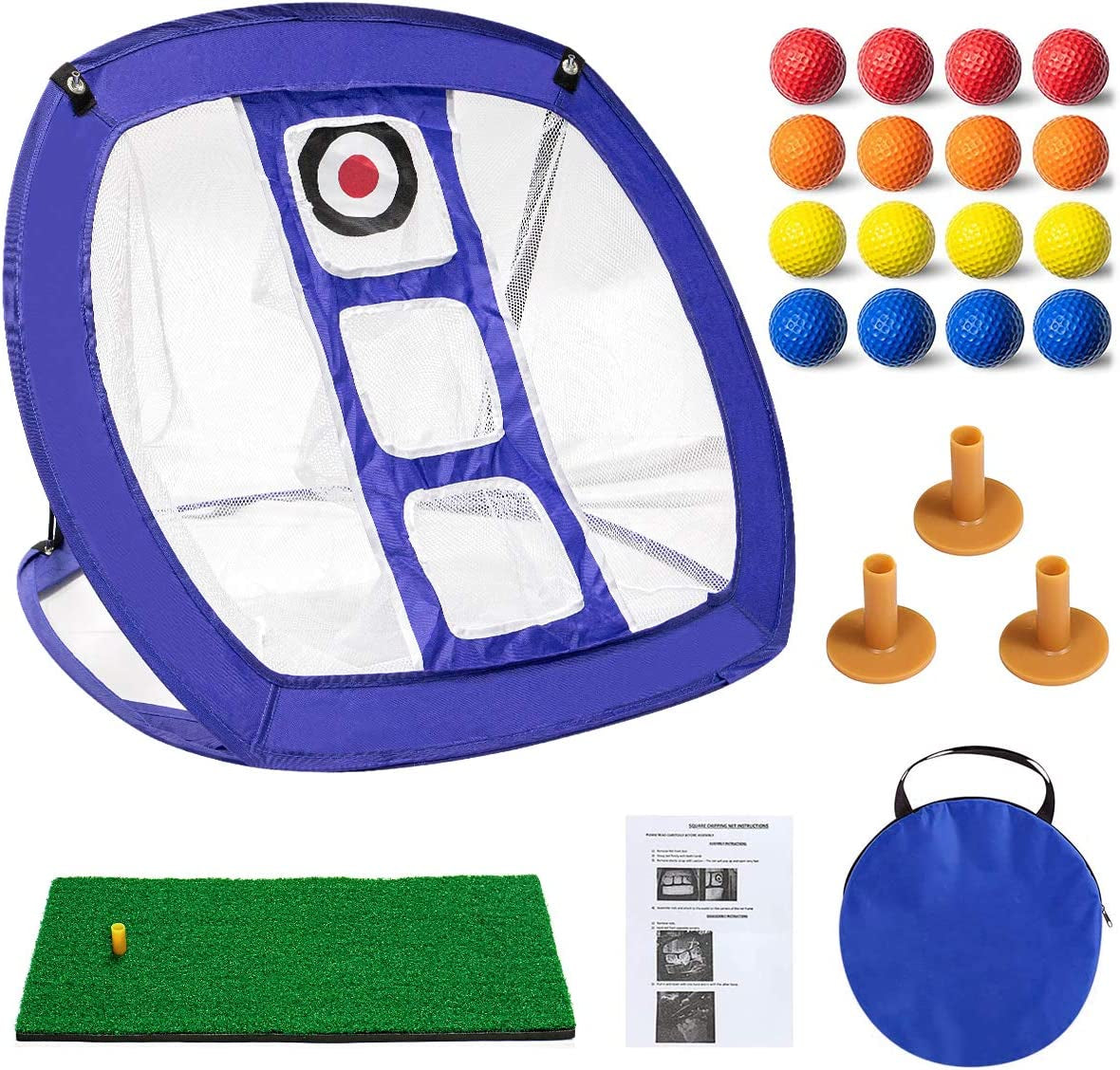 Golf Chipping Net Set Indoor/Outdoor, Golfing Target Accessories with Golf Hitting Mat, 16Pcs Plastic Balls, 3Pcs Rubber Tees and Portable Carry Bag