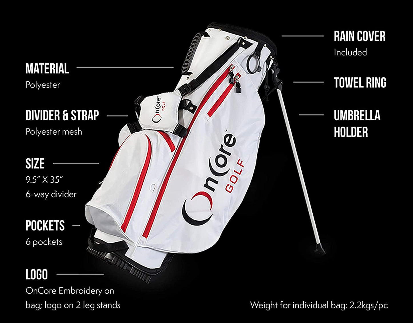 Bags | Stand Golf Bag | Padded Carrying Strap | Full-Length Club Dividers | Lightweight & Durable Design | Umbrella Holder & Removable Rain Hood