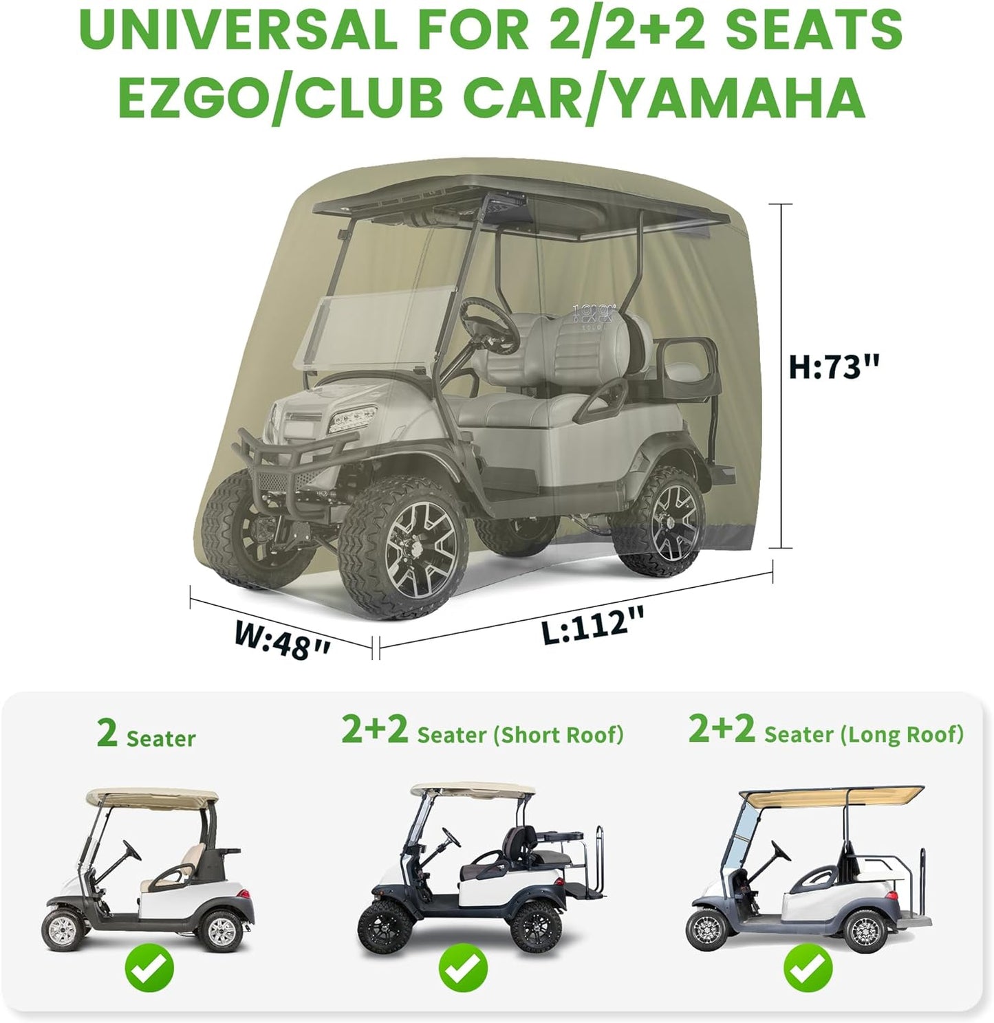 2/4 Passenger Golf Cart Cover Fits for Yamaha EZGO Club Car, 400D Waterproof Durable Polyester Golf Cart Cover with Three Zipper Doors Windproof Sunproof - Black/Army Green/Sliver