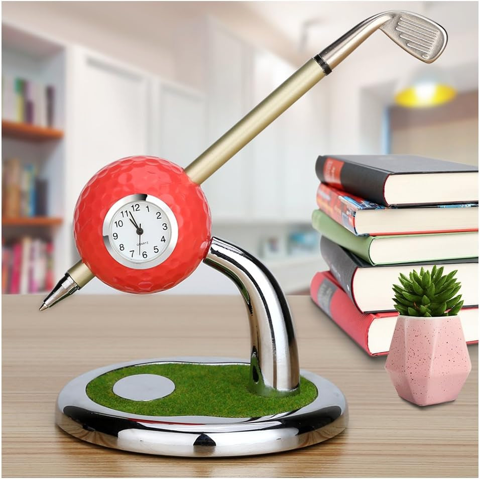 Golf Ball Pen Stand with Clock, Mini Desktop Golf Ball Pen Stand, Perfect for Golf Enthusiasts, Business Gifts, Includes Golf Ball Pens (Pack of 2)- Red