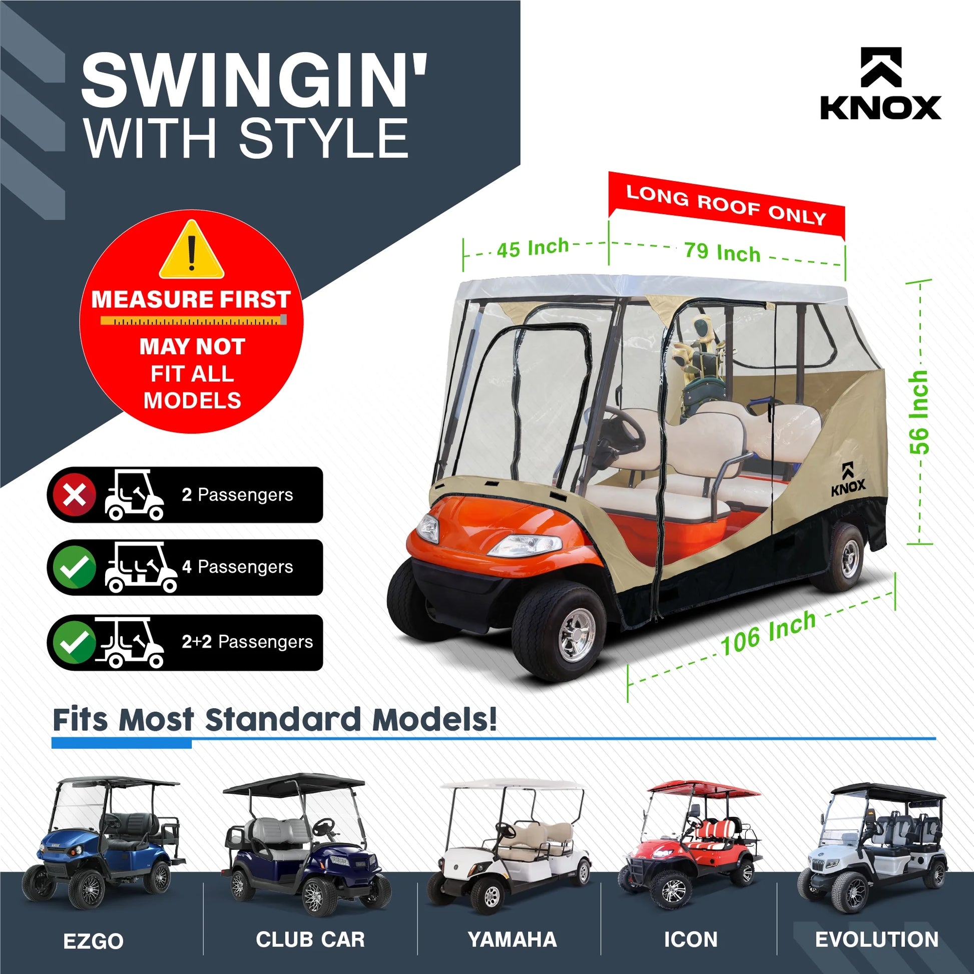 NEH 4 Person Golf Cart Enclosure 79" Long Roof, 600D Portable Transparent Driving Golf Cart Cover Storage, Golf Cart Accessories, Compatible with EZGO TXT/RXV, Yamaha, Club Car DS Precedent