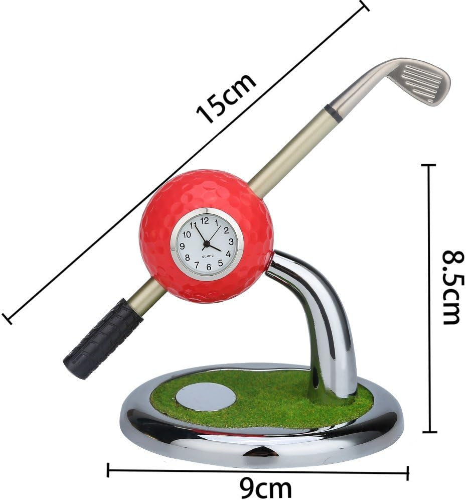 Golf Ball Pen Stand with Clock, Mini Desktop Golf Ball Pen Stand, Perfect for Golf Enthusiasts, Business Gifts, Includes Golf Ball Pens (Pack of 2)- Red