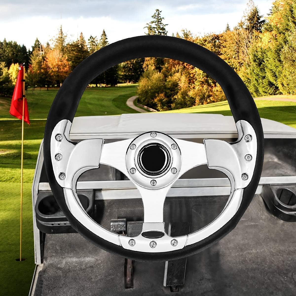 Golf Cart Steering Wheel Fit EZGO RXV & TXT, Club Car DS, Club Car Precedent Tempo, Yamaha Golf Carts(Steering Wheel Silver)