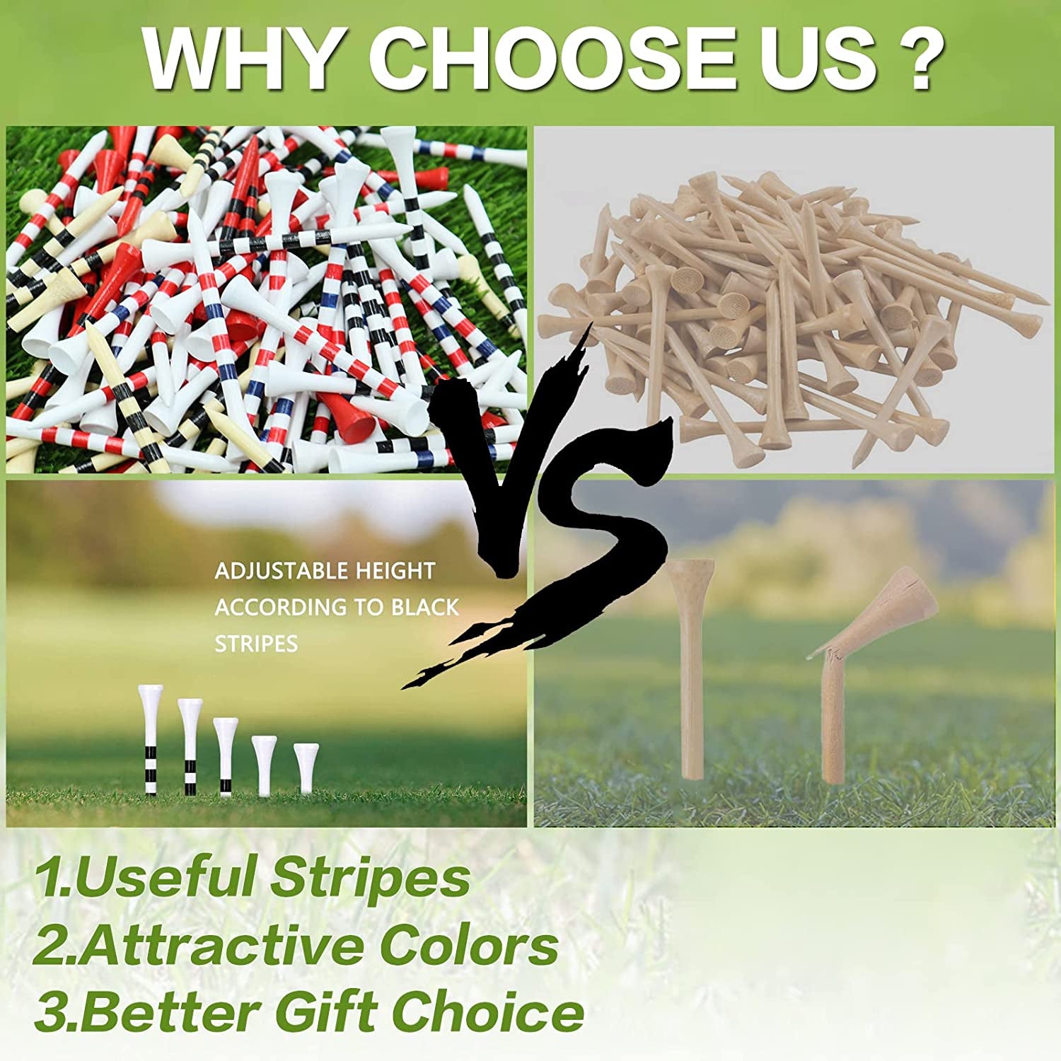 Golf Tees Wood 3 1/4 2 3/4 Inch Wooden Bamboo 50/120 Count, Durable Biodegradable Colored Bulk Tee 70Mm 83Mm