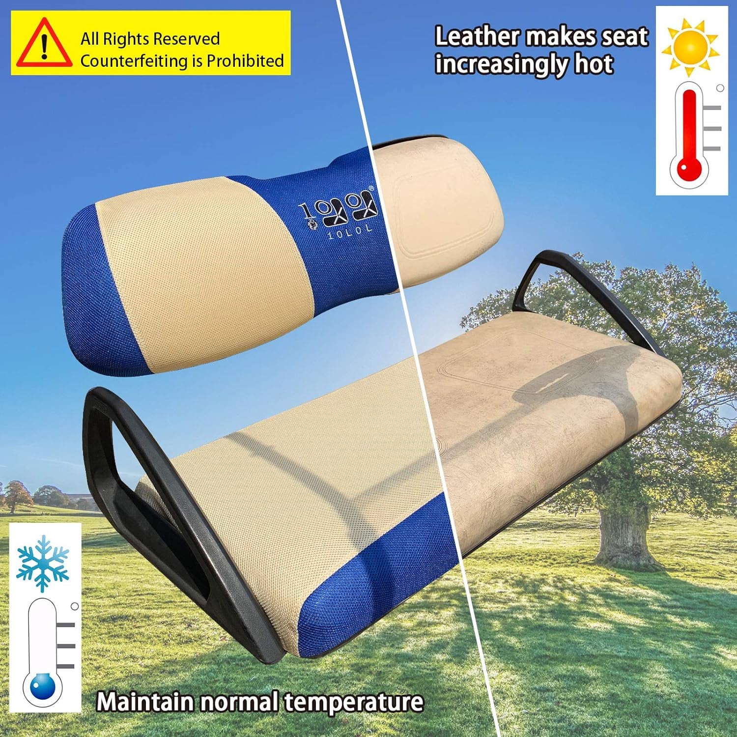 Golf Cart Seat Cover Washable Mesh Bench Seat Cover Fits EZGO TXT RXV Club Car DS (Beige+Blue)