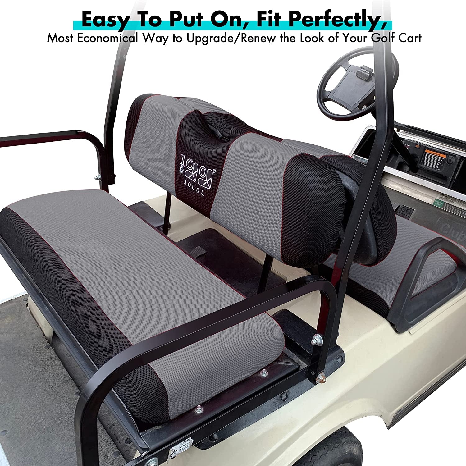 Golf Cart Front + Rear Seat Cover Set for EZGO TXT RXV & Club Car DS 4 Passenger Models Bench Seat Covers Kit Breathable Washable Polyester Mesh Cloth Gray Black Beige Red (S+XS)